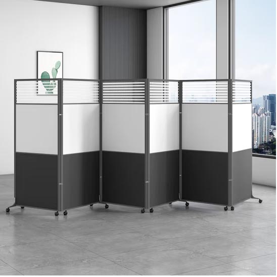 办公隔断现代简约板式 白+黑+玻璃+移动脚（1.2米长*2米高）
