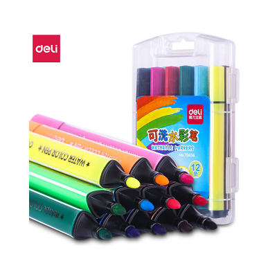 得力70656可水洗12色水彩笔绘画笔粗三角杆盒装