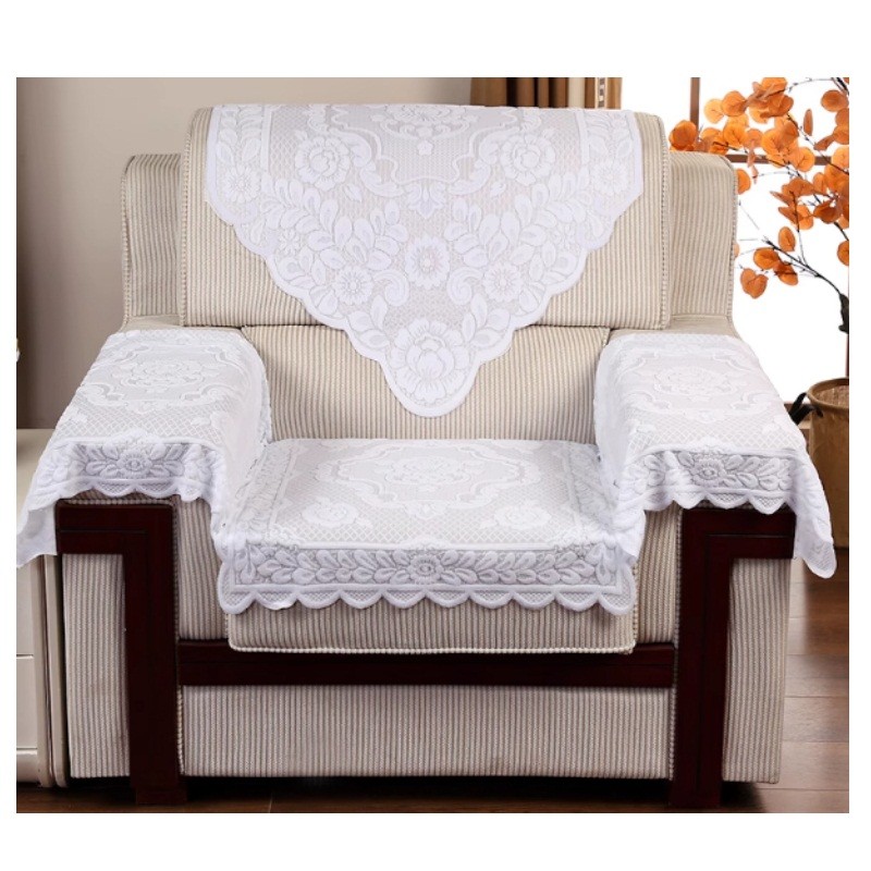 单人沙发巾 一对扶手（60*60cm）+一个靠背（65*75cm） 圆机牡丹-纯白